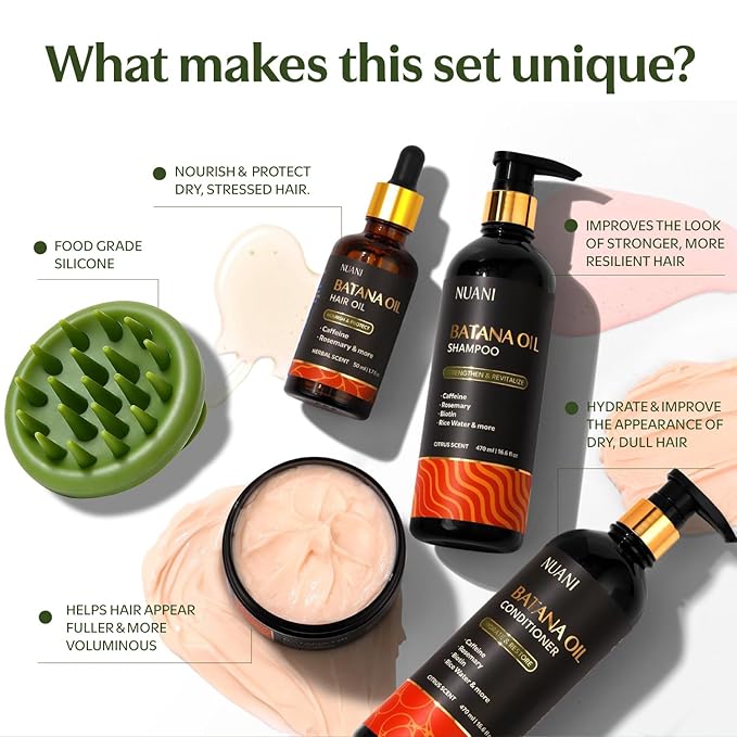 Batana Oil Shampoo and Conditioner Set (16 fl oz / 470 ml) with Rosemary & Caffeine | Includes Deep Mask, Hair Oil & Silicone Scalp Massager | Sulfate-Free, Paraben-Free for Fuller-Looking Hair.