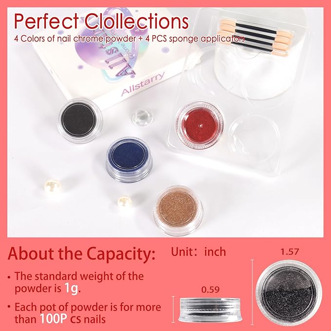Allstarry Christmas Chrome Nail Powder, 4 Colors Metallic Mirror Effect Blue Gold Red Chrome Powder Manicure Chrome Pigment Glitter Dust Kit for Gel Polish Nail Art Decoration - Ruby Sapphire Series