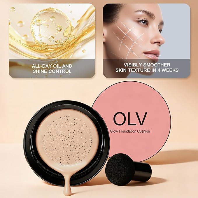 Glow Cushion Foundation, Mushroom Head Air Cushion CC Cream, Lightweight Face Makeup Foundation Moisturizing BB Cream Foundation Brighten Long-Lasting Full Coverage for All Skin Types (Warm)