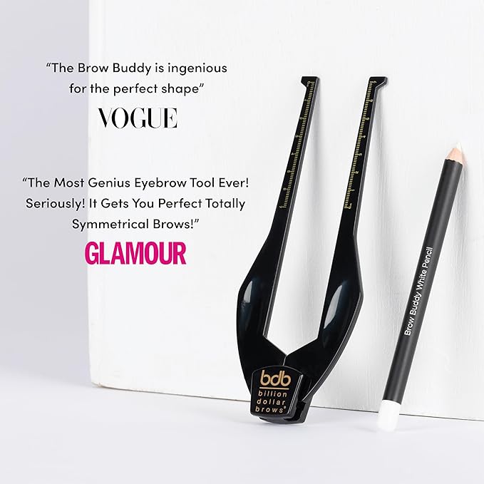 Billion Dollar Brows Brow Buddy Kit - Patented Symmetrical Eyebrow Shaping Tool and Contouring Stencil - Professional Brow Mapping Set with White Pencil for Tweezing, Waxing and Threading - 2 Pieces