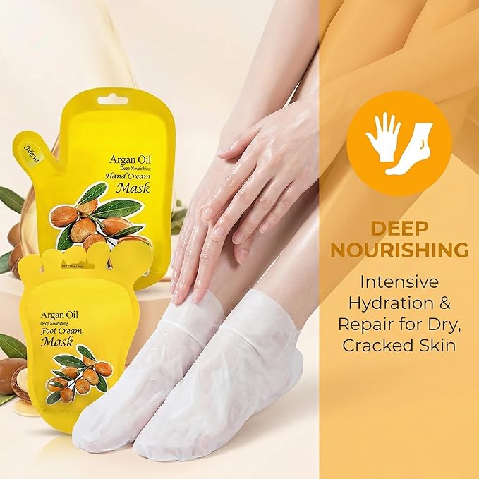 Elitzia Argan Oil Hand Mask & Foot Mask Set 10 Packs (5 Socks & 5 Gloves) Deep Nourishing Moisturizing Hydrating Gloves for Dry Cracked Rough Hands & Feet Self-Care Home Spa for Women Seniors ETAO10