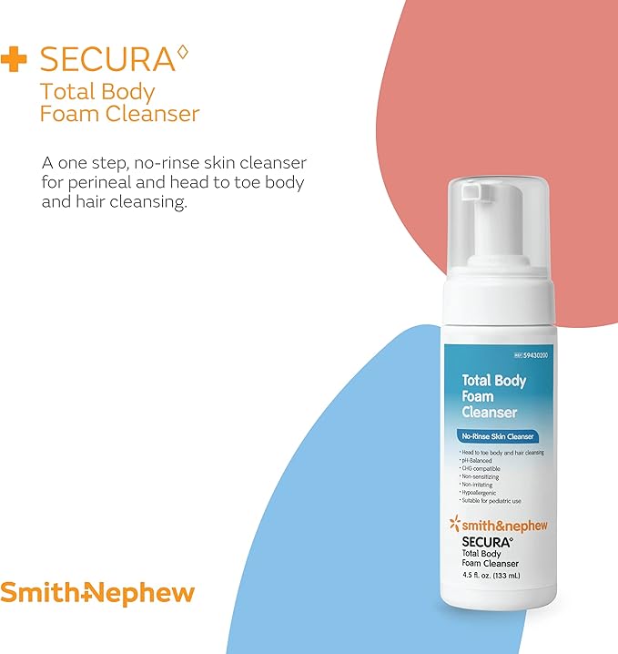 Smith & Nephew 59430200 SECURA Total Body Foam Cleanser, Foaming Waterless Body Cleanser, 4.5 Ounces