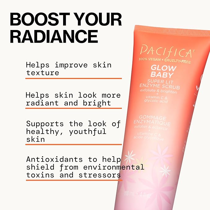 Pacifica Glow Baby Exfoliating Face Scrub, Brightening Enzyme Facial Cleanser w/Vitamin C & Glycolic Acid for Radiant Smooth Skin, Unclogs Pores & Removes Dead Skin, Microbead-Free Vegan (4 fl oz)