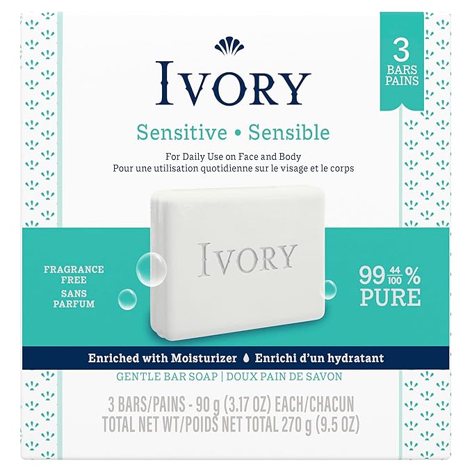 Ivory Sensitive Bar Soap, Designed for Whole Family, Fragrance Free, 99.44% Pure Formula, Plant-Based Cleanser, Made Without Heavy Perfume, Parabens & Phthalates, For All Skin Types, 3.17 oz (3 Count)