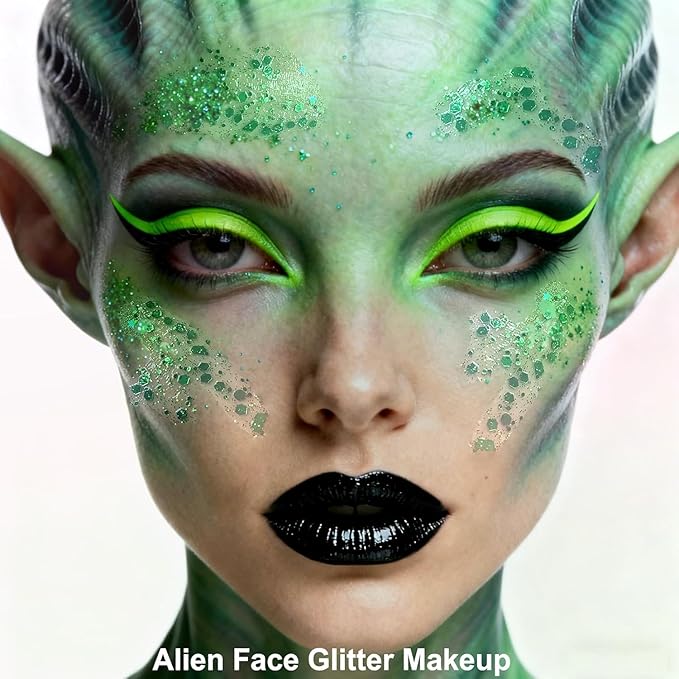 MEICOLY Green Face Body Glitter,St Patricks Day Chunky Hair Glitter for Women Kids,Self-Adhesive Holographic Green Accessories Irish Parade Makeup,Spirit Day Wear,Alien Costume,Festival Rave Outfits