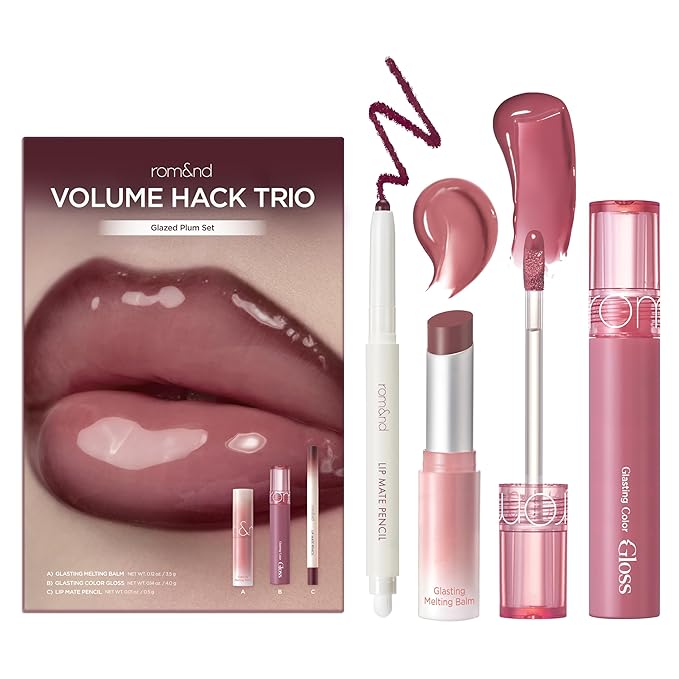 rom&nd Volume Hack Trio Glazed Plum Lip Set | Plumping, Hydrating K-Beauty Lip Kit for High-Shine, Irresistible Pouts