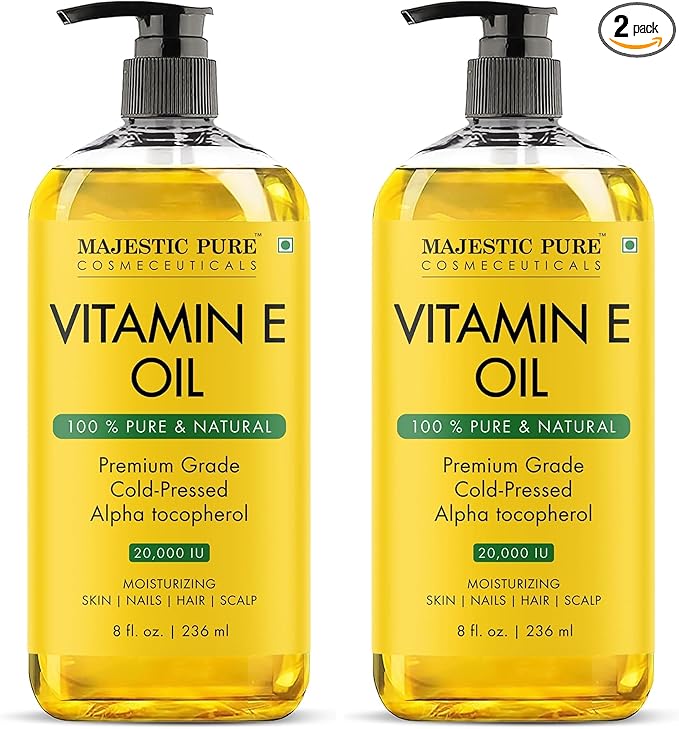 Majestic Pure Vitamin E Oil 8 Fl Oz - 100% Pure and Natural- Cold Pressed & Hexane Free Natural Hair Growth Oil for Eyelashes, Eyebrows, Skin, Body, Face, Nails & Scalp (Pack of 2)