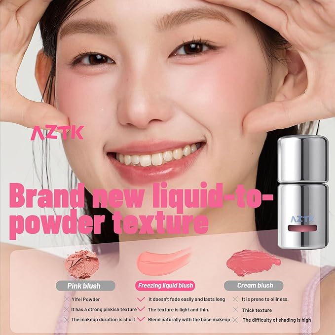Aztk Liquid Blush, Jelly Color Liquids Blushes with Sponge Head, Matte Nude Makeup Blusher Cream, Lasting, Lightweight, All-day Moisturizing and Smooth, Self-Contained Brush, Portable Makeup(JC05)