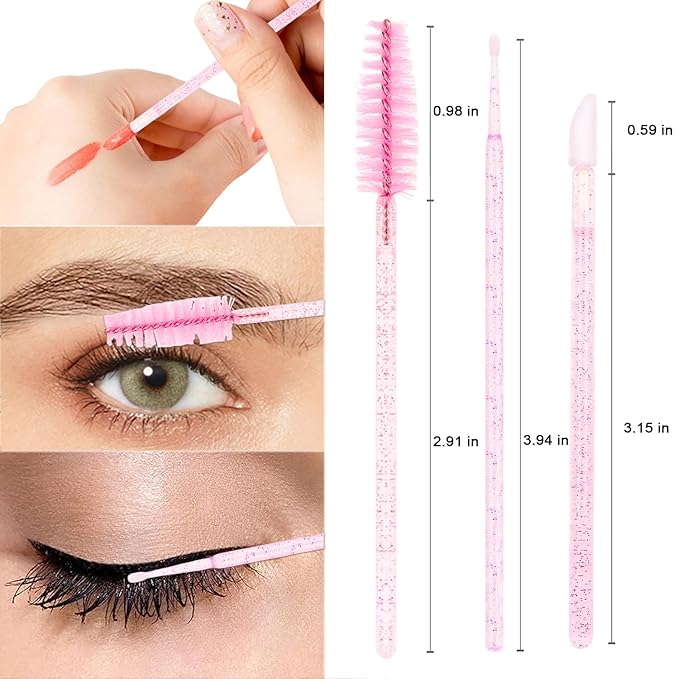 200Pcs Eyelash Extension Kit, Lash Spoolies Extension Supplies Eyebrow Brush Mascara Wands Lip Brushes Applicators Disposable Micro Swab Brushes for Lash Extensions Brow Lamination Kit, Crystal Pink
