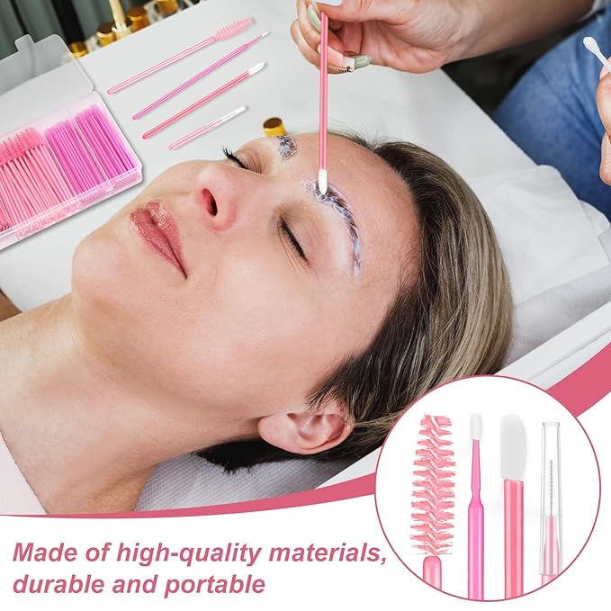 800 Pcs Pink Brow Lamination Supplies with Plastic Box Micro Eyebrow Lash Spoolies Set Disposable Lip Applicators Eyebrow Spoolies Brush Micro Swabs Interdental Brushes for DIY Eyelash Extensions