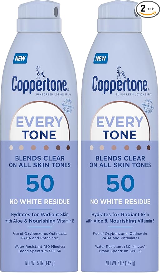 Coppertone Every Tone Sunscreen Spray SPF 50, Lightweight, Rubs on Clear Sunscreen for All Skin Tones, Formulated with Nourishing Vitamin E, 5 Oz Bottle (Pack of 2)