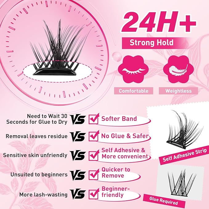 PROLASHBEAUTY Self Adhesive Eyelashes Butterfly Lash Clusters Self Adhesive Lashes No Glue Needed Lashes 10-16MM Pre Glued Eyelashes Clusters with Anti-Stick Tweezer(Butterfly,10-16mix)