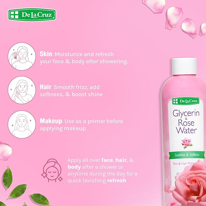 De La Cruz Rose Water and Glycerin for Face - Rosewater Facial Toner and Moisturizer for Skin and Hair 8 fl oz (236 mL) - 12 Bottles