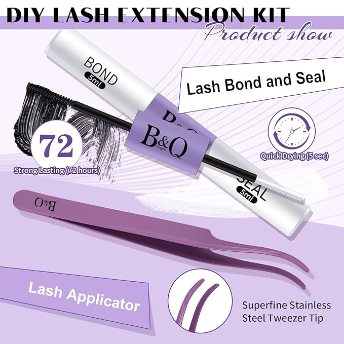 DIY Lash Extension Kit 120pcs Individual Lashes Cluster B&Q D Curl Eyelash Extension Kit Lash Clusters with Lash Bond and Seal and Lash Applicator Tool for Self Application (Kit-12-18MIX)