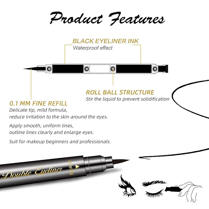 LOKFAR 6 Pcs Double-Side Liquid Eyeliner Stamp Pen Set, Eye Liners for Women Waterproof Eyeliner Pencil Black Eye-liner Stencils Long-Lasting Tattoo Makeup-Triangle,Star,Moon,Heart,Flower,Smiley