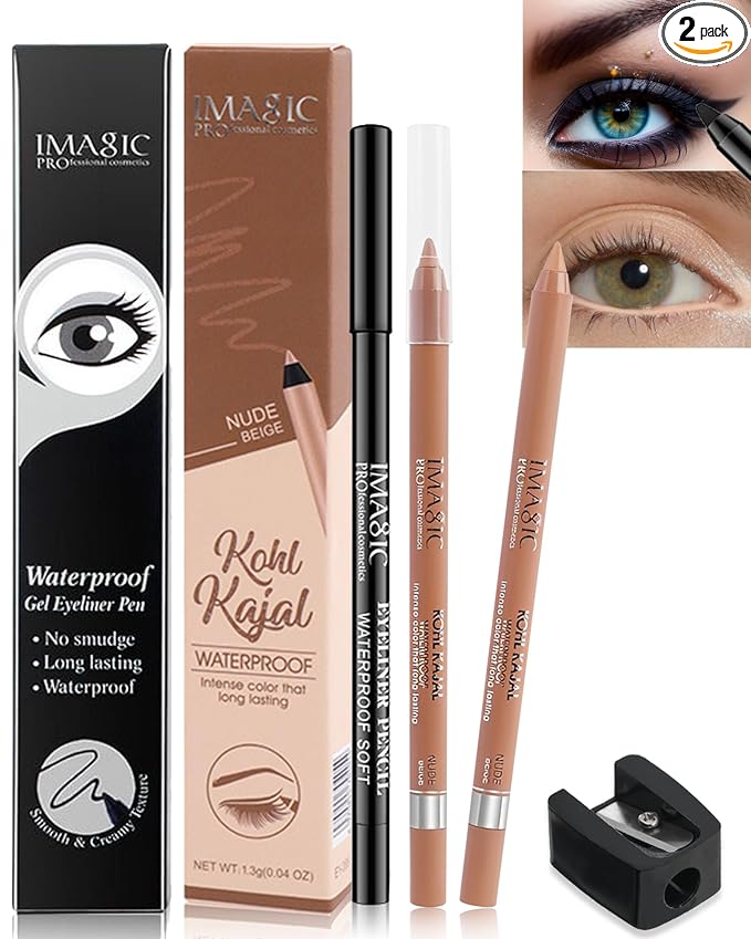 Nude Beige & Black Water Line Gel Eyeliner Pencil-2Pcs Waterproof Smudge-Proof Cream Eye Liner Waterline Pen, Smooth Easy-to-Sharpen Pencil with Sharpener, Longlasting Eye Makeup Gift for Older Women