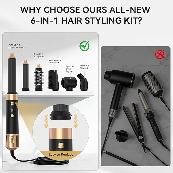 6 in 1 Hair Styler, Hot Air Brush Set with Hair Dryer, Curling Iron, Straightener Brush, Volumizer, Blow Dryer Brush for Hair Styling, Fast Drying, Gifts for Mother/Women