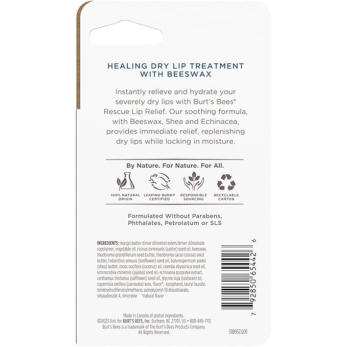 Burt’s Bees Rescue Lip Relief with Shea Butter and Echinacea, 100% Natural Origin, 0.35 Ounces(Pack May Vary)