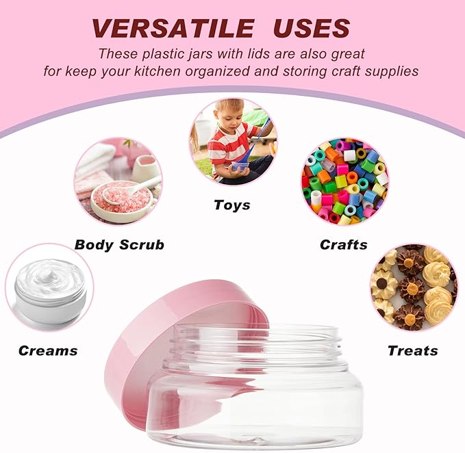 Tessco for you 24 Pack Plastic Jars with Lids Labels Multiuse Slime Containers Empty Body Scrub Jars Round Refillable Cosmetic Body Butter Container for Makeup (5 oz,Clear,Pink)