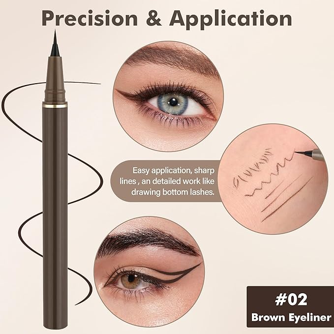 Ultra Fine Liquid Eyeliner Set，4 Pack Matte Brown EyeLiners Pencils，Eye Ink Liner-Precision Tip for Winged and Inner Corner Makeup，Long Lasting，Quick-Dry，Waterproof ，Easy to Apply for Beginners