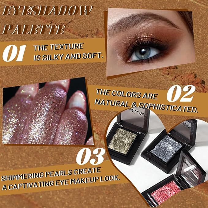 WanTuoluo Sparkly Eyeshadow Palette for Women, Single Monochrome Eye Shadow Makeup, Shiny Pressed Cream Powder, Blendable Natural sombras para ojos, Holographic,Vegan,Travel (08-Glitter-Gold Brown)