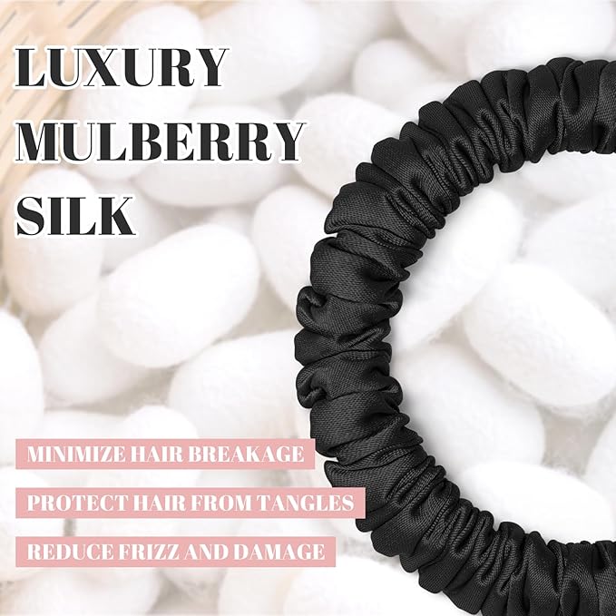 Scrunchies Hair Ties Silk Satin Scrunchy, WantGor Women 4PC Pure Mulberry Silk Skinny Elastic Scrunchies Hair Bands Bracelets Ponytail Holders Hair Accessories (Black*4)
