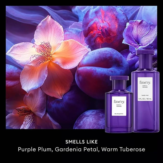 Fine'ry Plum Floral Fragrance - She's a Goodie Hair + Body Fragrance Mist Spray for Women - Long Lasting Fruity Scent - Plum, Gardenia & Tuberose, Cruelty-Free, Body Spray for Girls (5 Fl Oz)