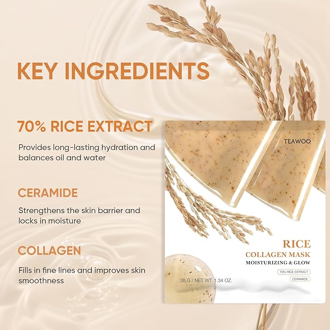 TEAWOO Rice Deep Collagen Face Mask, 38g x 24 EA, Moisturizing and Hydrating Overnight Facial Mask, Contains Ceramide & Collagen for Glass Glow Skin, Korean Skincare