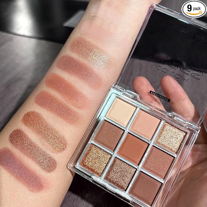 URQT Golden Caramel Eyeshadow Palette – 9 Warm Bronze & Nude Brown Shades with Matte & Metallic Finishes, High Pigment Blendable Palette for Natural to Glam Looks