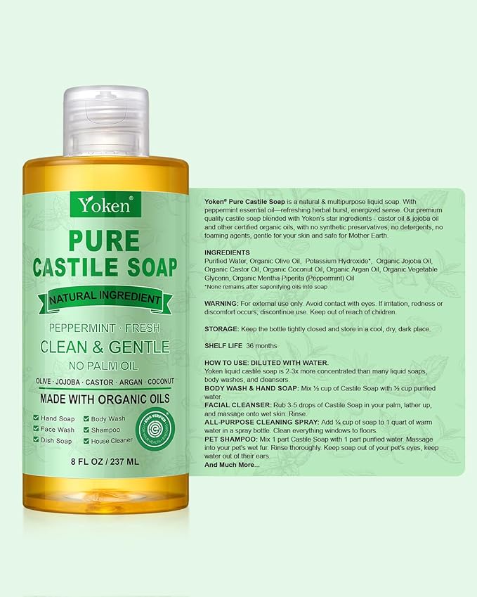Yoken Peppermint Castile Soap Liquid 8 OZ, Made with Certified Organic Oils, Gentle Peppermint Soap for Body Wash, Face, Hands, Dishes, Laundry & More - Vegan & Natural Ingredients Versatile Cleanser