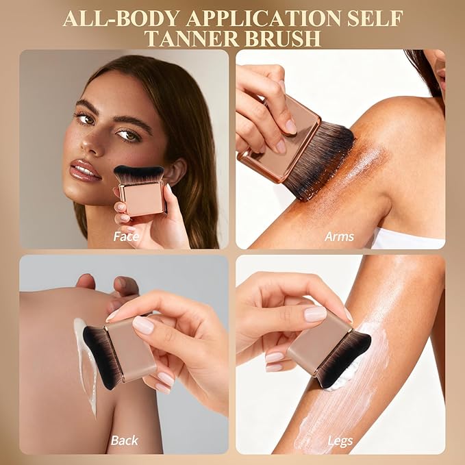 Self Tanner Brush, Kabuki Foundation Body Makeup Brush for Face and Body, Body Shimmer Brush with Ultra-Soft Dense Bristles for Applying Tanning Mousse, Lotion, Bronzer, and Foundation (Rose Gold)