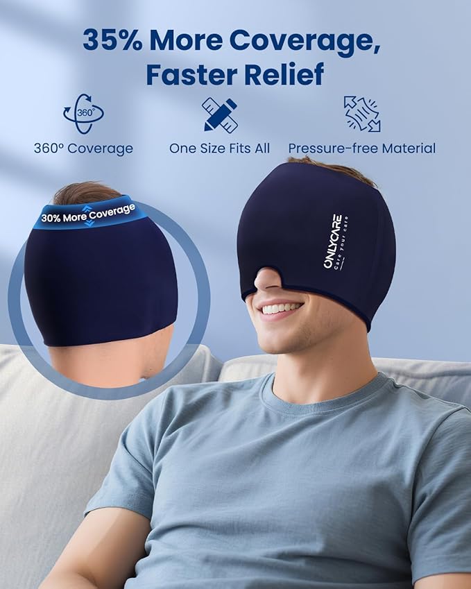 ONLYCARE Migraine Relief Cap, Upgraded Odorless Headache Relief Cap Mask Products, 360° Gel Surround Cooling Ice Pack Mask Head Wrap for Tension, Migraine, Sinus, Stress, Headaches, Hangover, Blue