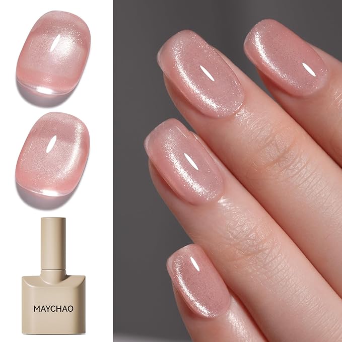 MAYCHAO 15ML Pink Cat Eye Gel Nail Polish 1Pc Jelly Summer Light Pink Cat Eye Glitter Holographic Magnetic Gel Polish Soak off UV LED Nail Polish for Nail Art Manicure Salon DIY at Home, 0.5 OZ