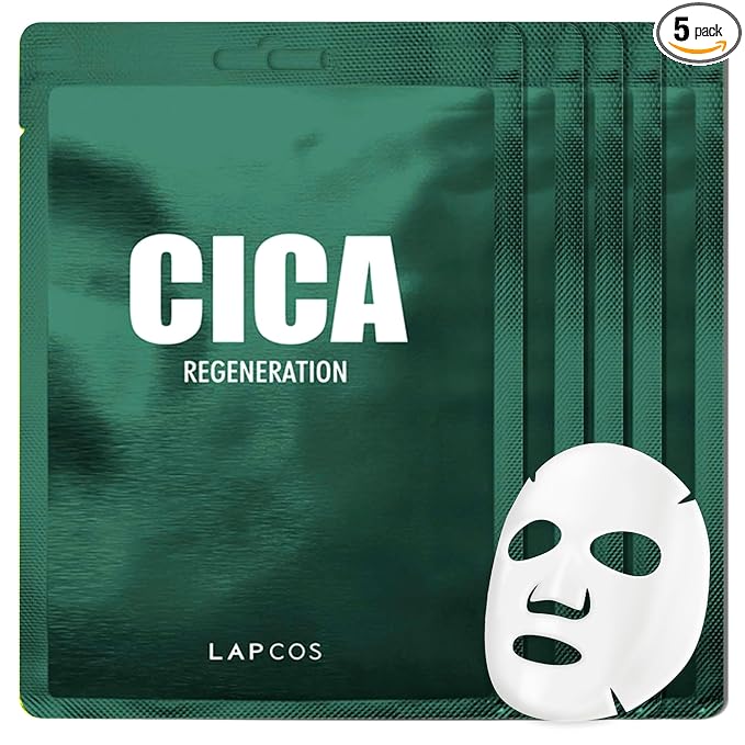 LAPCOS Cica Sheet Mask - Regenerating & Soothing Face Masks with Niacinamide & Centella Asiatica for Dull, Damaged Skin Barrier - Highly Breathable Bamboo Sheet - Korean Skin Care (Pack of 5)