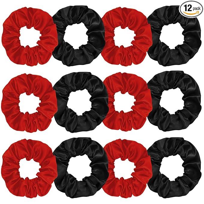 Silk Satin Scrunchies for Women Girls 12 PCS Black & Red Hair Scrunchies Silk Satin Hair Ties for Thick Hair Bulk Hair Ties Hair Accessories
