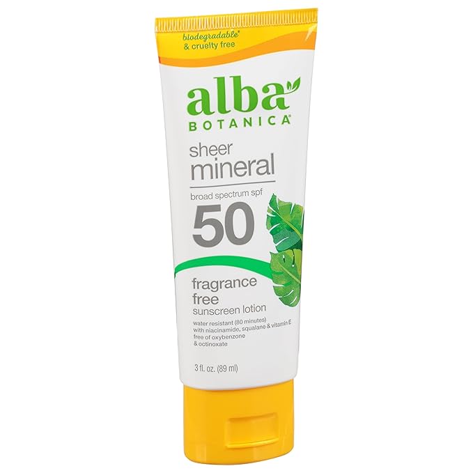 Alba Botanica Sunscreen for Face and Body, Sport Mineral Sunscreen Lotion, Broad Spectrum SPF 45, Water Resistant and Fragrance-Free, 4 fl. oz. Tube (Pack of 4)