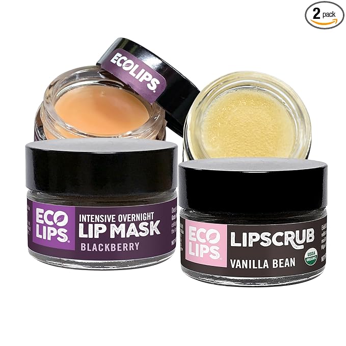 Eco Lips Vanilla Bean Lip Sugar Scrub & Blackberry Intensive Overnight Lip Repair Mask Duo - 100% Organic Lip Care Treatment - Gently Exfoliate, Polish, & Repair Dry, Flaky Lips