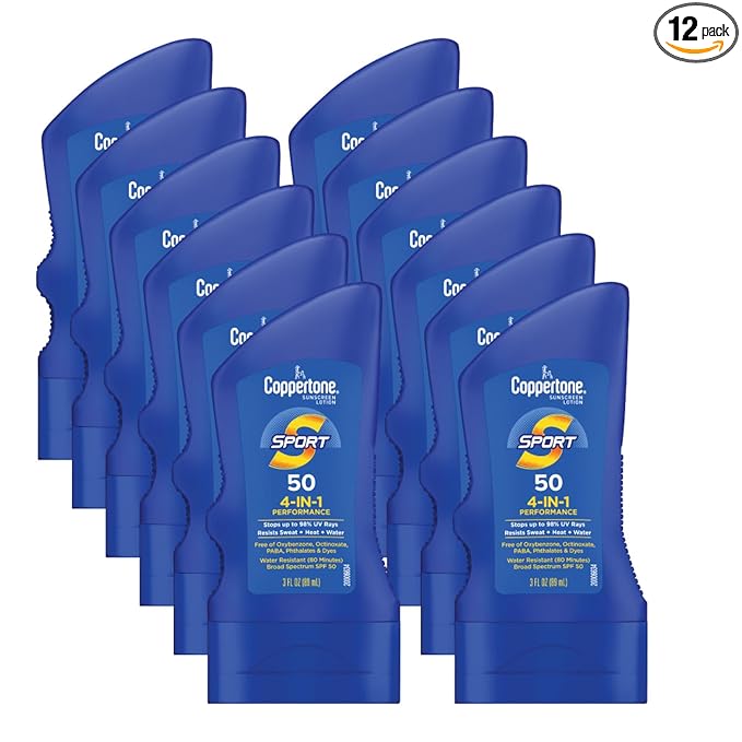 Coppertone Sport Sunscreen Lotion SPF 50, Water Resistant Body Sunscreen, Broad Spectrum SPF 50 Sunscreen, Bulk Sunscreen Pack, 3 Fl Oz Travel Size Bottles, Pack of 12