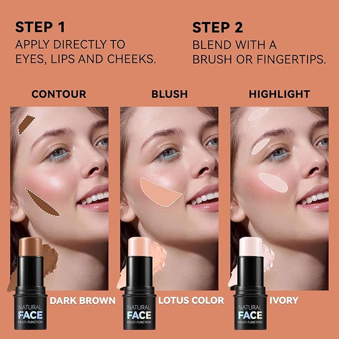 3Pcs Cream Contour Stick Makeup Kit, Shades with Highlighter, Blush and Bronzer Contour Stick for Sculpt the Cheeks, Long Lasting, Waterproof, Matte & Dewy Finish (G)