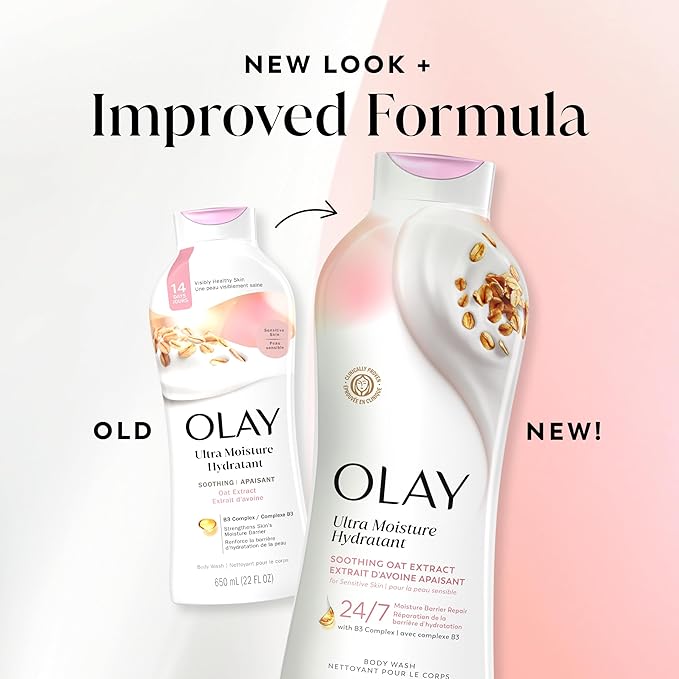 Olay Body Wash for Women, Ultra Moisture, For Sensitive Skin, Soothing Formula, 24hr Moisturizing, Hydrating & Refreshing, B3 Vitamin Complex, Free of Parabens & Phthalates, Oat Extract Scent,22 fl oz