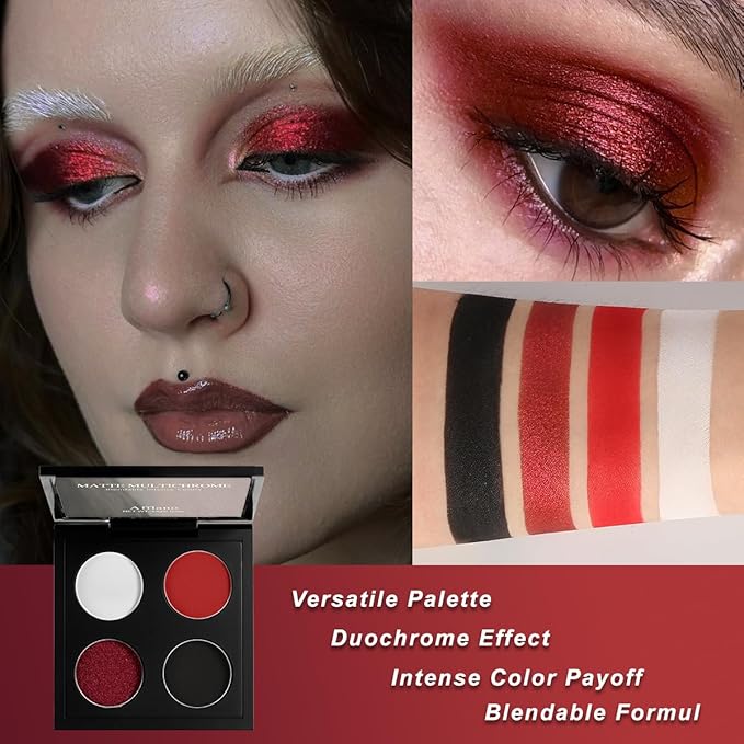Afflano Goth Eyeshadow Makeup Kit, Multichrome White Black Red Eyeshadow Palette, Goth Black lipstick Matte Waterproof,Ultra-Pigmented Intense Metallic Smokey Eye shadow SFX Halloween Gothic Makeup