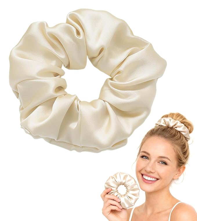 30 Momme 100% Mulberry Silk Scrunchies for Women and Girls, Oversized XL Hair Tie for Sleeping, Soft Smooth for No Damage Hair Care Sleeping (Beige)