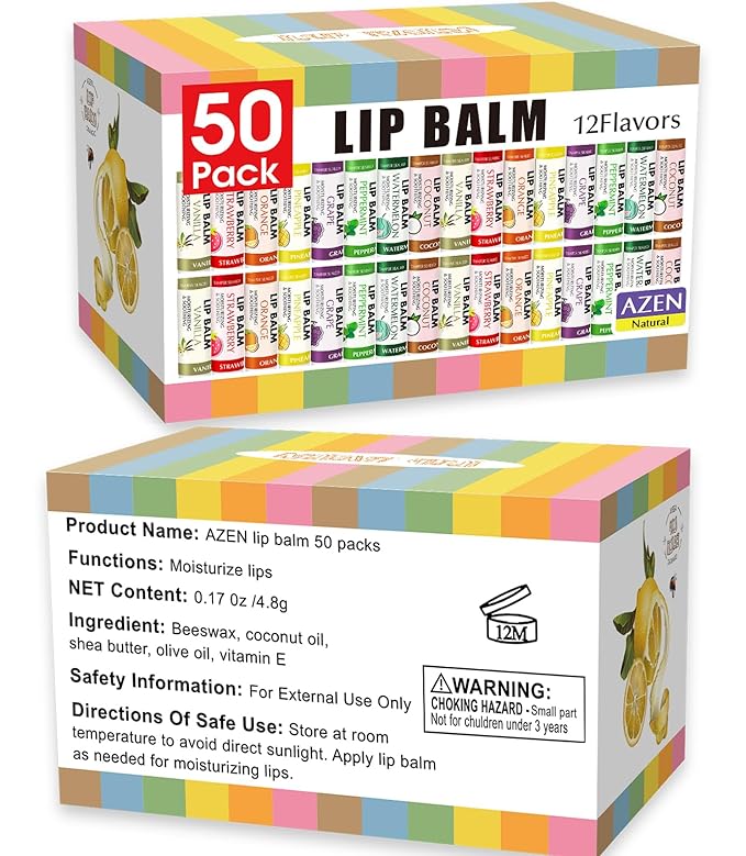 AZEN 50 Pack Lip Balm Bulk, Moisturizing Lip Balms for dry cracked lips, Mothers Day Gifts Easter Basket Stuffers - 12 Flavors