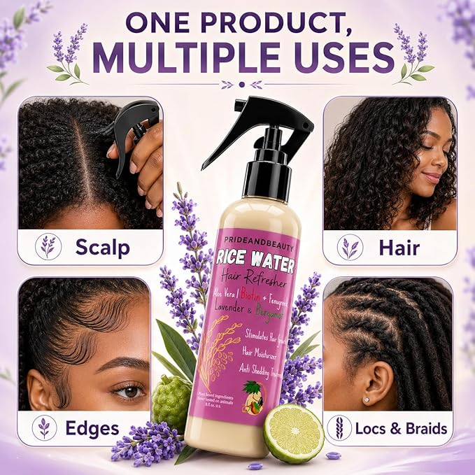 NEW Fermented Rice Water for Hair Growth - Infused with Rosemary, Biotin, Caffeine, Keratin Vegan Non-Greasy Spray Naturally Thicker, Longer, Softer Men & Women (8 OUNCES, Lavender Bergamot)