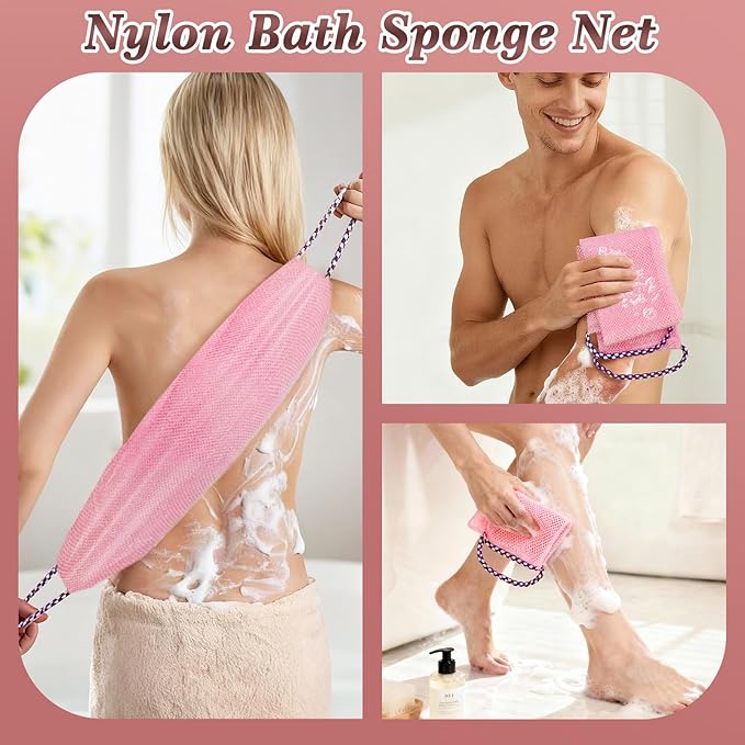 Manmihealth Silicone Back Scrubber for Shower & African Bath Sponge Set, Upgrade 33.8'' Long Silicone Back Brush & Exfoliating Net Sponge Combination, Dual-Sided Use Shower Loofah (Pink+Pink)