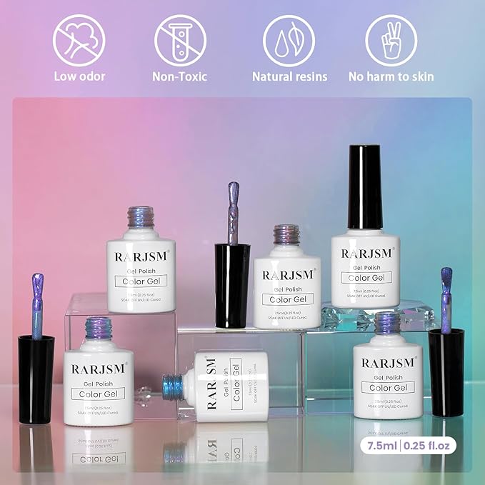 RARJSM Aurora Glass Ceramic Cat Eye Gel Nail Polish Set 6pcs Duo Color Universal Green Blue Purple Pink Orange Red Glitter Pearl Shell Mermaid Cateye Effect with Magnet Stick Curing Requires