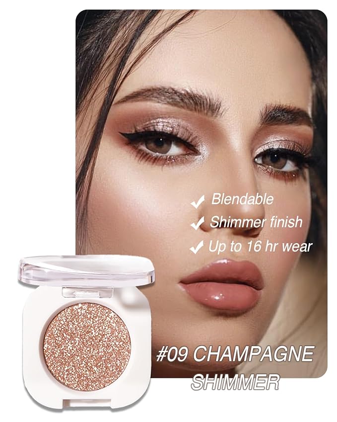 Glitter Eyeshadow Single, Ultra-Fine Sparkling Diamond Shimmer, Long-Lasting Sheer Eye Makeup, Crease-Proof & Buildable Eye Shadow Topper, Champagne Gold
