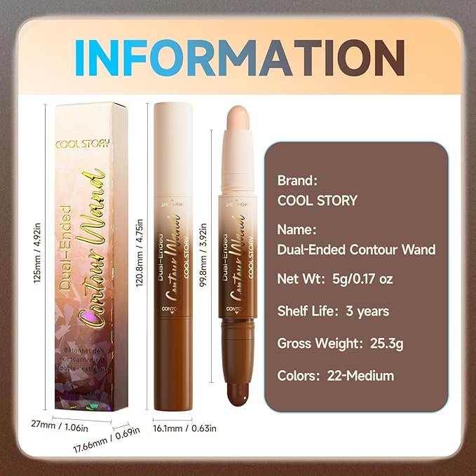 2-in-1 Contour & Highlight Stick Cream Waterproof Contour Stick, Buildable Formula for Natural Definition and Sculpting, Flawless Cheeks, Jawlines, and Nose Contours (Medium)