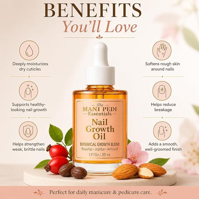 Natural Nail Growth Oil. Powerful Blend of Rosehip, Jojoba & Amond Oils. Promotes Stronger, Healthier Nails. Hydrates & Strengthens Cuticles for Faster Nail Growth - 1 Fl Oz