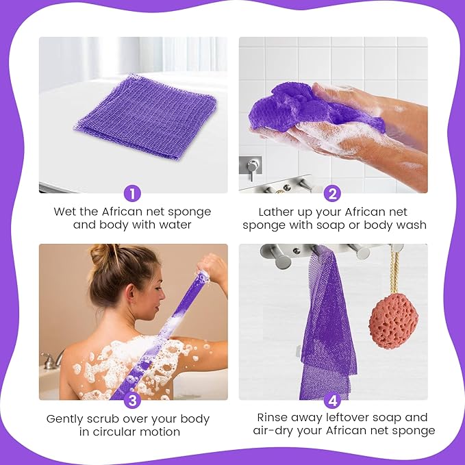 ZOCY African Net Sponge, Authentic Exfoliating Body Scrubber for Bath and Shower, Multiple Textures with Gentle Deep Exfoliating and Rich Lather for All Skins (Purple)